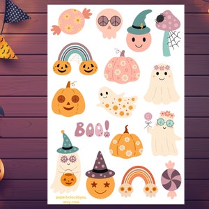 Retro Halloween Sticker Sheet, Halloween sticker sheet, cute stickers, pumpkin, witches, ghost, planner, journal, calendar, bujo, scrapbook