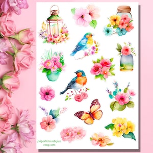 Bloemen lente stickervel, lentestickers, bloemstickers, bloemen, vogels, bloesem, tuin, plannerstickers, dagboek, bujo, plakboek