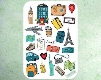 Hoja de pegatinas de viaje, pegatinas de viaje, vacaciones, playa, viaje, verano, escapada, buen viaje, pegatinas para planificador, pegatinas para diario, scrapbooking