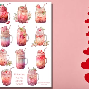 Feuille autocollante de thé glacé rose de la Saint-Valentin, autocollants de la Saint-Valentin, fraise, heure du thé, amour, gourmand, boisson, planificateur, journal, album