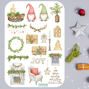 Foglio di adesivi natalizi scandinavi, adesivi natalizi, gnomo, nordico, natale, vacanza, inverno accogliente, planner, diario, bujo, album