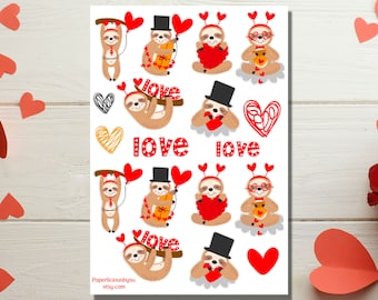 Cute Sloth Valentine's Day Sticker Sheet, valentine's day sticker, sloth sticker, animal valentine, Planner, Bullet Journal, Bujo, Scrapbook
