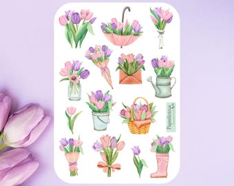 Stickervel tulp, sticker tulp, bloemenstickers, tulpenboeket, lentestickers, tuin, natuur, plannerstickers, dagboek, scrapbooking