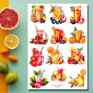 Summer Drinks Sticker Sheet, Fruit, Cocktail, Juice, Foodie, Orange, Strawberry, Planner, Bullet Journal, Scrapbooking, Kalender, Agenda
