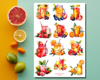 Summer Drinks Sticker Sheet, Fruit, Cocktail, Juice, Foodie, Orange, Strawberry, Planner, Bullet Journal, Scrapbooking, Calendar, Agenda
