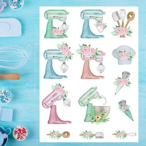 Folha de adesivos para misturadores florais, adesivos para assar, culinária, culinária, padeiro, chef, padaria, confeitaria, cozinha, planejador, diário, bujo, scrapbooking
