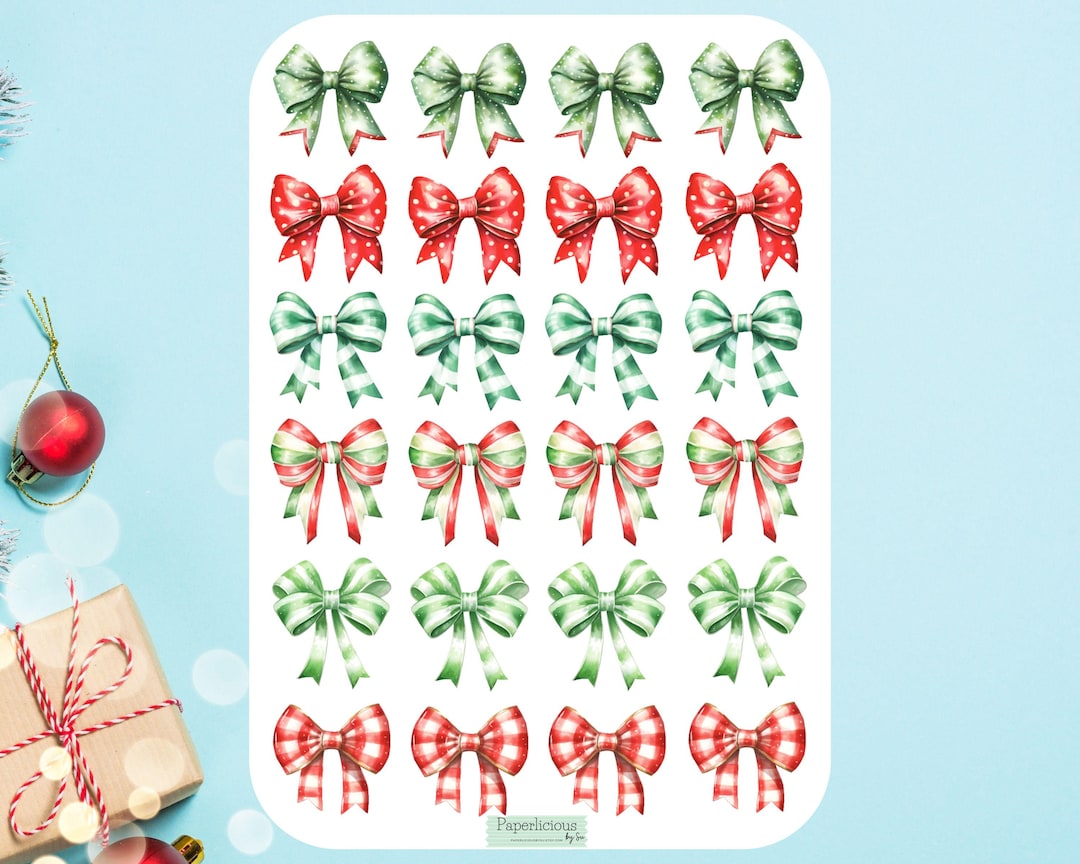 Christmas Bow Sticker Sheet, Bow Stickers, Ribbon, Christmas Stickers ...