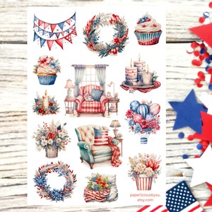 Feuille d'autocollants déco 4 juillet, 4 juillet, patriotique, jour de l'indépendance, agenda, Bullet Journal, Scrapbooking, calendrier, agenda