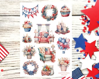 4th of July Decor Sticker Sheet, July 4th, Patriotic, Independence Day, Planner, Bullet Journal, Scrapbooking, Calendar, Agenda