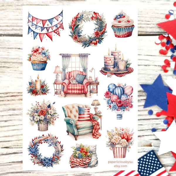 4th of July Decor Sticker Sheet, July 4th, Patriotic, Independence Day, Planner, Bullet Journal, Scrapbooking, Calendar, Agenda