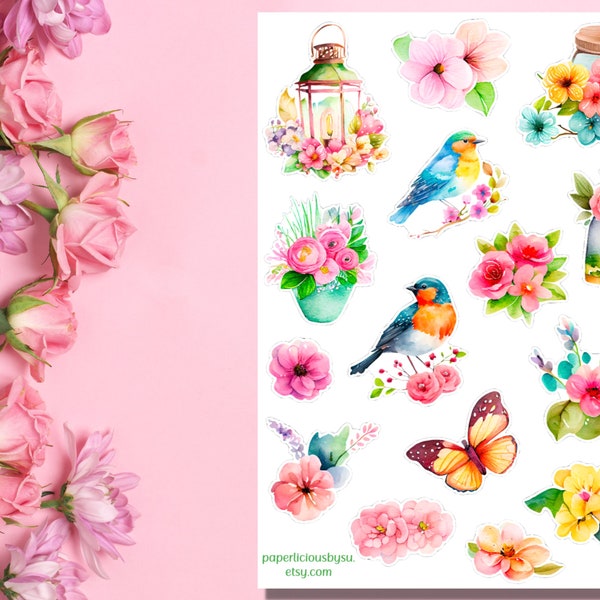 Floral Spring Sticker Sheet, spring stickers, flower stickers, blooms, birds, blossom, garden, planner stickers, journal, bujo, scrapbook