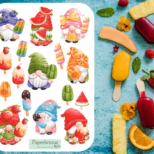 Fruit Pop Gnome Sticker Sheet, cute gnome stickers, summer, ice cream, popsicle, fruit, planner, journal, bujo, scrapbooking, cute stickers