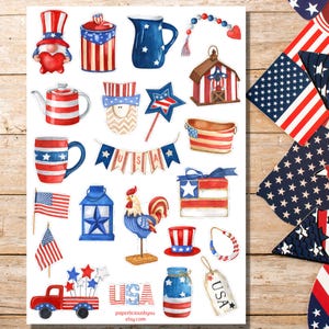 Feuille d'autocollants déco 4 juillet, 4 juillet, patriotique, jour de l'indépendance, nain, agenda, Bullet Journal, Scrapbooking, calendrier, ordre du jour