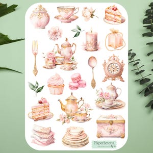 Folha de adesivos para festa do chá, adesivos para chá, chá inglês, chá da tarde, foodie, floral, adesivos para planejador, adesivos para diário, bujo, scrapbooking