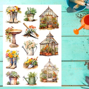 Folha de adesivos de jardinagem, adesivos de jardinagem, adesivos de plantas, primavera, jardim, jardinagem, botânico, planta, planejador, diário de marcadores, álbum de recortes
