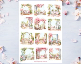 Frühling Terrasse Aufkleber Bogen, Balkon, Blumen Frühling Aufkleber, Blumengarten, Gartenarbeit, Blüten, Blumen, Planer, Journal, Scrapbooking
