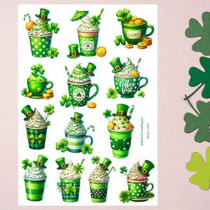 Feuille d'autocollants pour la Saint-Patrick, autocollants porte-bonheur, café, irlandais, trèfle, trèfle, lutin, agenda, Bullet Journal, Bujo, scrapbooking
