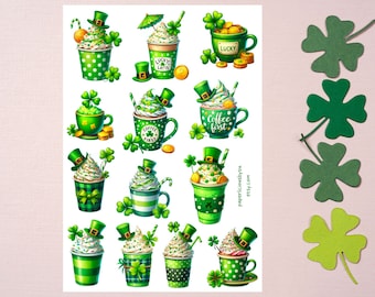 St Patrick's Day Sticker Sheet, good luck stickers, coffee, Irish, clover, shamrock, leprechaun, Planner, Bullet Journal, Bujo, Scrapbooking