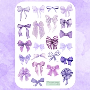 Foglio di adesivi con fiocco viola ad acquerello, adesivi con fiocco, adesivi estetici, nastro, papillon, adesivi per pianificatore con fiocco, bullet journal, album
