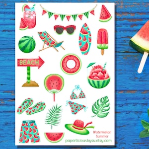 Feuille d'autocollants d'été pastèque, autocollants pastèque, autocollants d'été, fruits, plage, ambiance estivale, agenda, bullet journal, scrapbooking