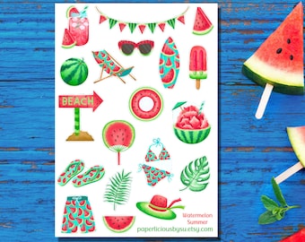 Watermelon Summer Sticker Sheet, watermelon stickers, summer stickers, fruit, beach, summer vibe, planner, bullet journal, scrapbooking