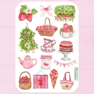 Strawberry Sticker Sheet, strawberry stickers, fruit, plant, botanical, berry, gardening, spring, summer, planner, journal, scrapbooking