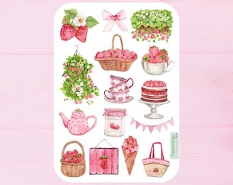 Hoja de pegatinas de fresas, pegatinas de fresas, fruta, planta, botánica, baya, jardinería, primavera, verano, agenda, diario, álbum de recortes