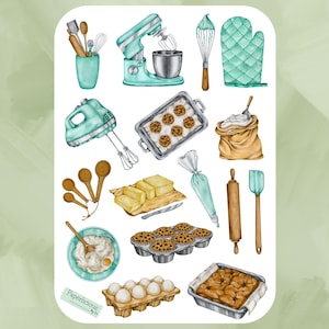 Stickervel aquarel bakken, stickers bakken, koken, culinair, bakker, chef-kok, receptenboek, gebak, keuken, planner, dagboek, plakboek