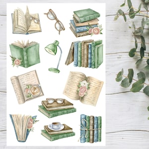 Aquarel boek stickervel, boekstickers, boekenwurm cadeau, boekenliefhebber, esthetische stickers, planner, dagboek, bujo, scrapbooking