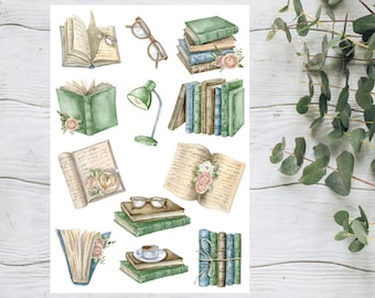 Watercolor Book Sticker Sheet, book stickers, bookworm gift, book lover, aesthetic stickers, planner, journal, bujo, scrapbooking