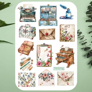 Folha de adesivos de papelaria vintage, escrita de cartas, papel floral, máquina de escrever, correio tradicional, PenPal, planejador, diário de marcadores, Bujo, scrapbooking