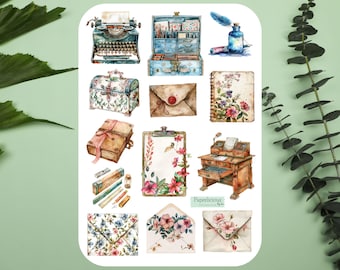 Hoja de pegatinas de papelería vintage, escritura de cartas, papel floral, máquina de escribir, correo postal, PenPal, planificador, Bullet Journal, Bujo, Scrapbooking