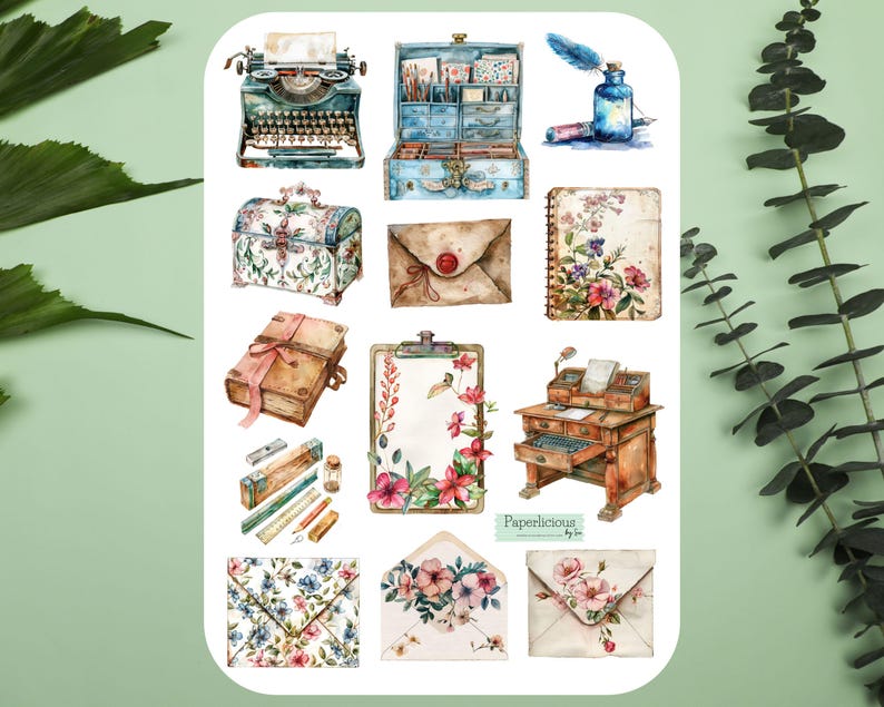 May include: A sheet of vintage-style watercolor stickers featuring various stationery items, including a typewriter, envelopes, a desk, a book, and a clipboard. The stickers are perfect for adding a touch of whimsy to planners, journals, and other paper crafts.