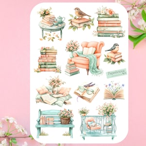 Peut inclure: Un ensemble de 10 autocollants colorés illustrant des livres, des oiseaux, des fleurs et des meubles. Les autocollants sont parfaits pour ajouter une touche de fantaisie aux journaux, aux planificateurs et autres articles en papier. Les autocollants sont conçus par Papericious.