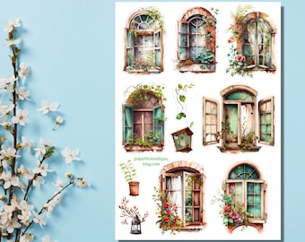 Blommigt fönsterklistermärkesark, akvarell växtklistermärken, trädgård, estetiska klistermärken, planerare, dagbok, bujo, scrapbooking, skräpdagbok