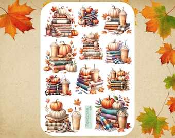 Fall book reading sticker sheet, fall stickers, autumn, bookish, book lover, coffee, pumpkin, latte, cozy fall, planner, journal, bujo
