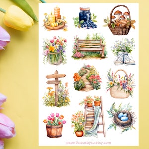 Floral Spring Garden Sticker Sheet, spring stickers, floral stickers, blooms, garden, flowers, tulips, planner stickers, journal, scrapbook