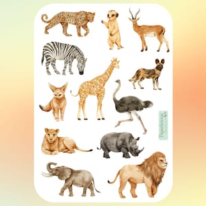 Hoja de pegatinas de animales de la sabana en acuarela: animales de safari, hábitat, naturaleza, África, león, jirafa, elefante, planificador, diario, calendario, bujo.