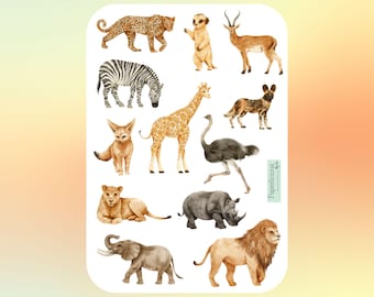 Watercolor Savanna Animal Sticker Sheet, safari animals, habitat, nature, Africa, lion, giraffe, elephant, planner, journal, calendar, bujo