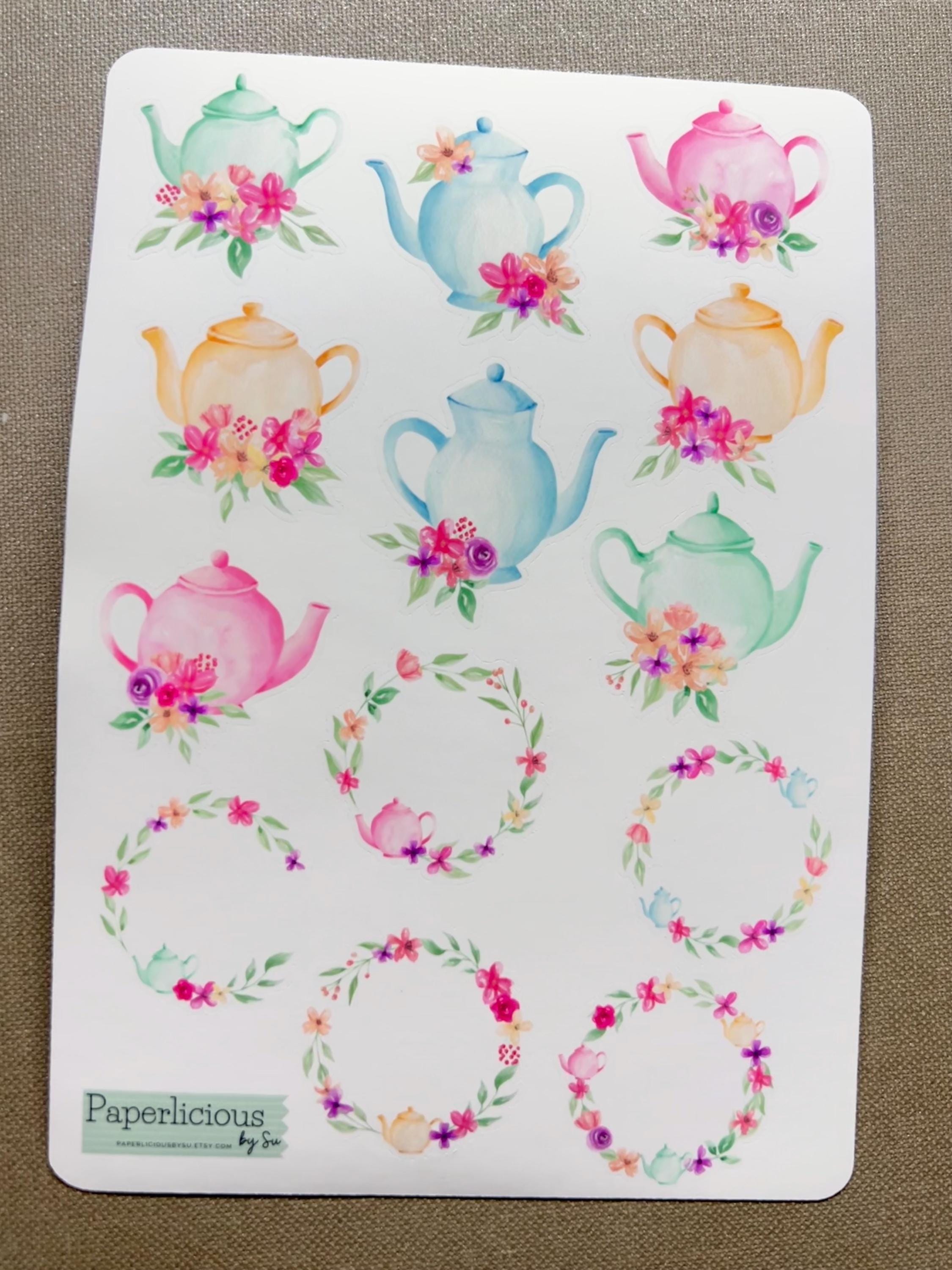 Watercolor Teapot & Wreath Sticker Sheet, Teapot Stickers, Teatime ...