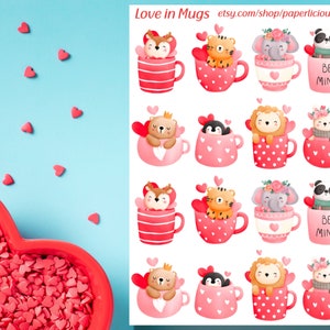 Cute Animal in Mugs Valentine&#39;s Day Sticker Sheet, animal stickers, animal valentine&#39;s day, Planner, Bullet Journal, Bujo, Tags, Seals