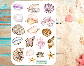 Watercolor Seashell Sticker Sheet, summer sticker, beach, sea shell, ocean, vacation, planner, bullet journal, bujo, scrapbooking