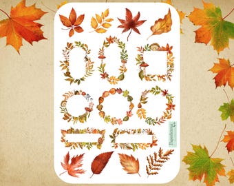 Stickervel herfstbladeren, gezellige herfststickers, herfst, blad, botanisch, boom, bos, esthetische stickers, planner, dagboek, scrapbooking