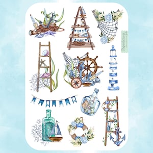 Ozean Aufkleber Bogen, Nautik Aufkleber, Küste, Meer, Dekor, Leuchtturm, Muschel, Schiff, Boot, Strand, Sommer, Planer, Journal, Scrapbook