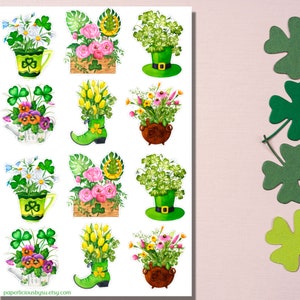 St Patrick&#39;s Day Sticker Sheet, St Patty&#39;s Bouquet Stickers, Irish, clover, shamrock, flower, Planner, Bullet Journal, Bujo, Scrapbooking