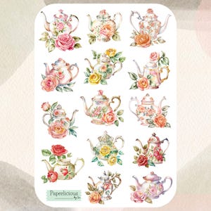 Vintage Rose Teekanne Aufkleber, Tee Aufkleber, englischer Tee, Nachmittagstee, Rose, Planer Aufkleber, Journal Aufkleber, bujo, Scrapbooking