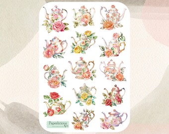 Vintage Rose Teapot sticker sheet, tea stickers, English tea, afternoon tea, rose, planner stickers, journal stickers, bujo, scrapbooking