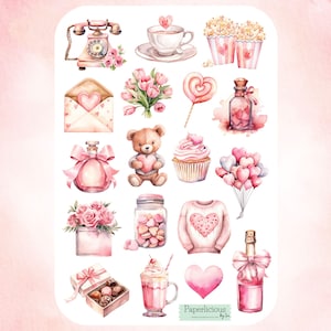 Valentine&#39;s Day Sticker Sheet, cute valentine stickers, heart stickers, love stickers, pink, planner stickers, journal, scrapbooking