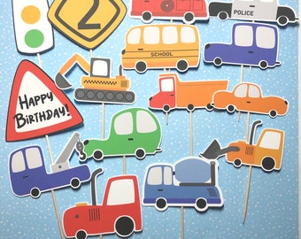 May include: A set of 12 colorful vehicle-themed cake toppers. The toppers feature a variety of vehicles, including a school bus, a police car, a fire truck, a dump truck, a cement mixer, a tow truck, a construction vehicle, and a car. The toppers are perfect for a birthday party or any other celebration.