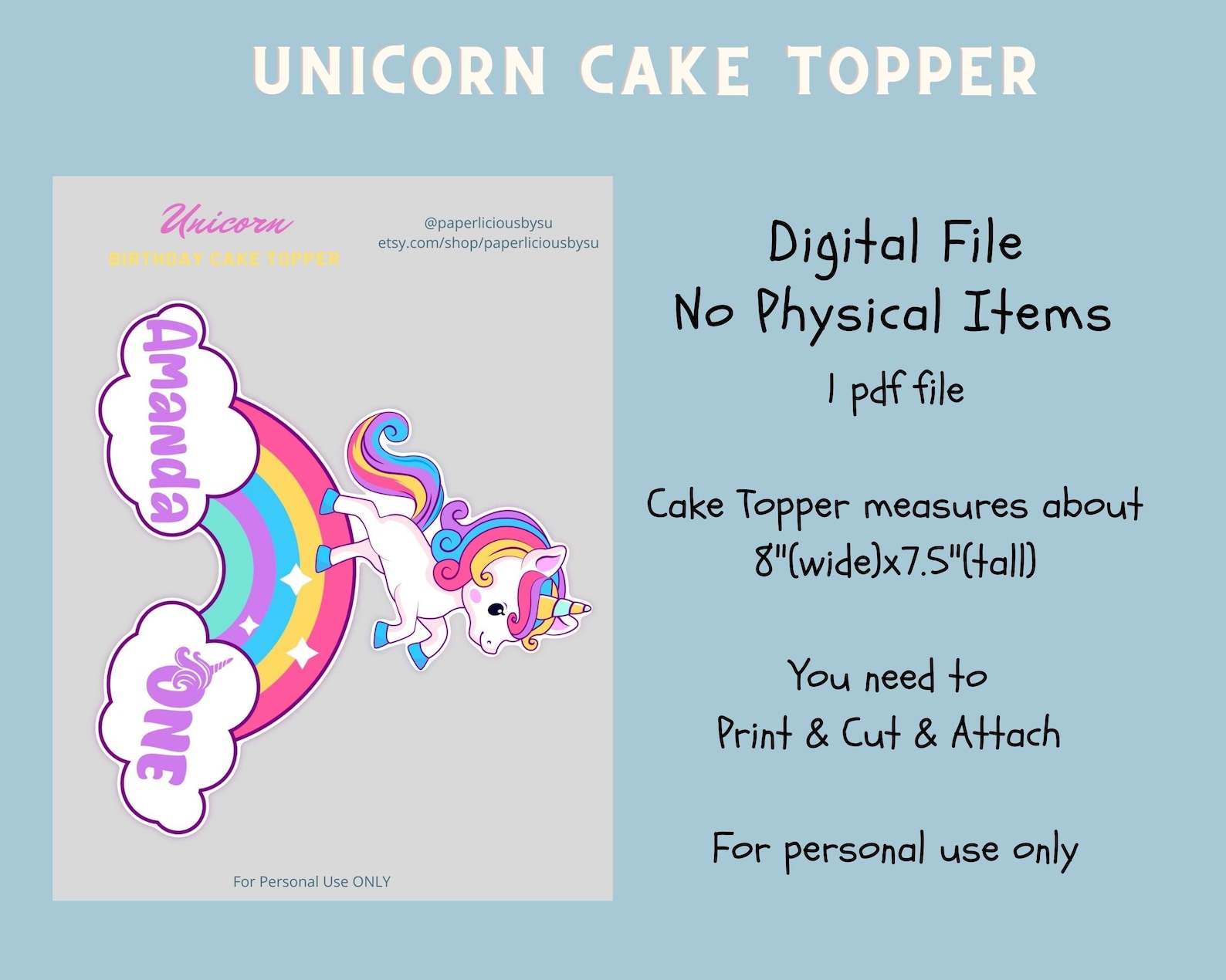 Printable Unicorn Cake Topper Printable Instant Download | Etsy